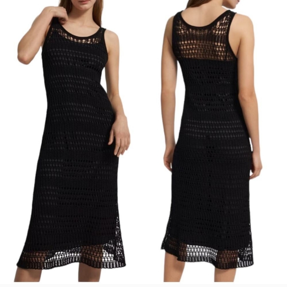 THEORY Black Lace Crochet “Lace St Dress” Boho Swim Cover Up Midi Dress m medium